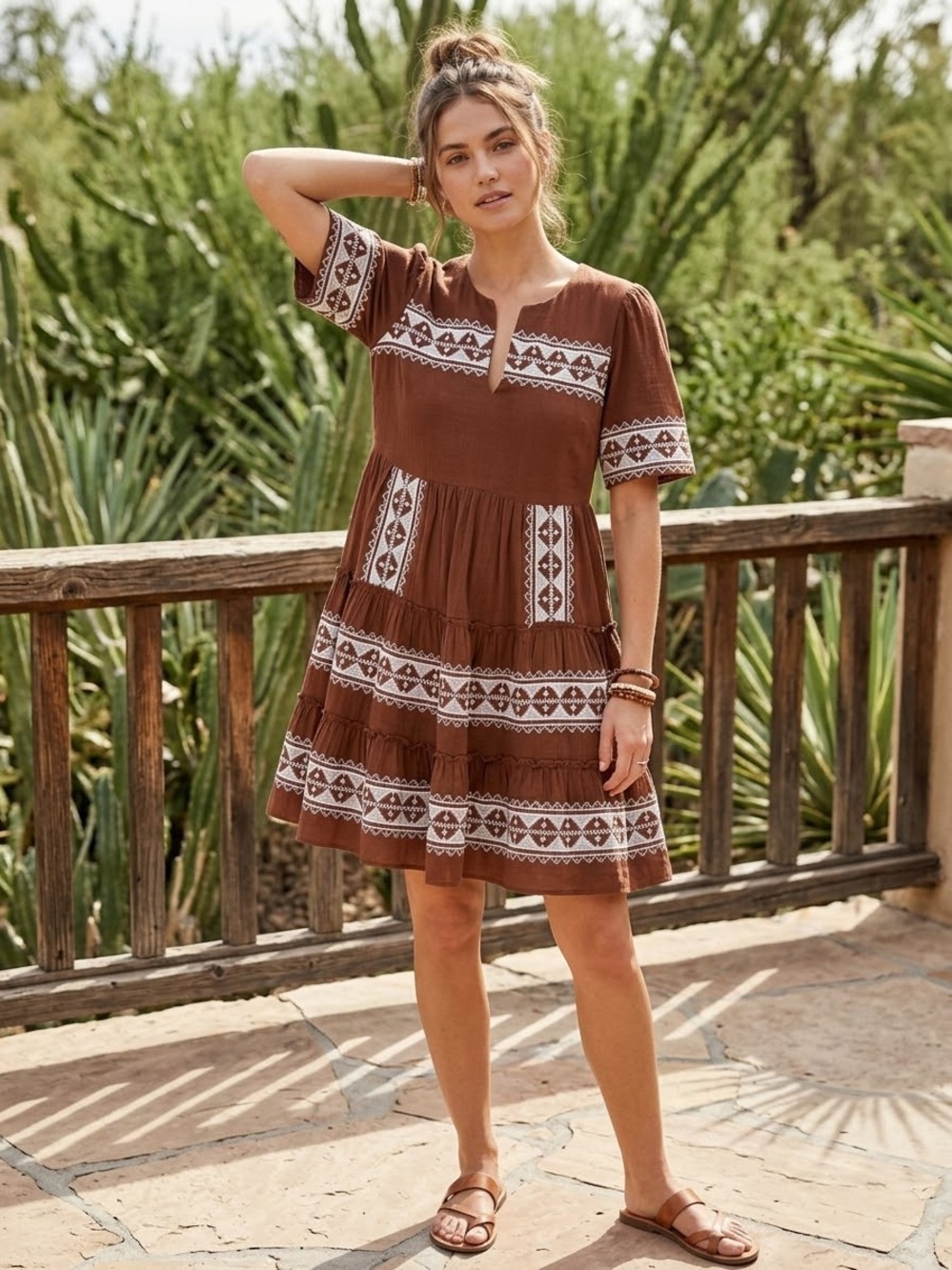 bohme Brown Tiered Mini Dress with White Geometric Embroidery